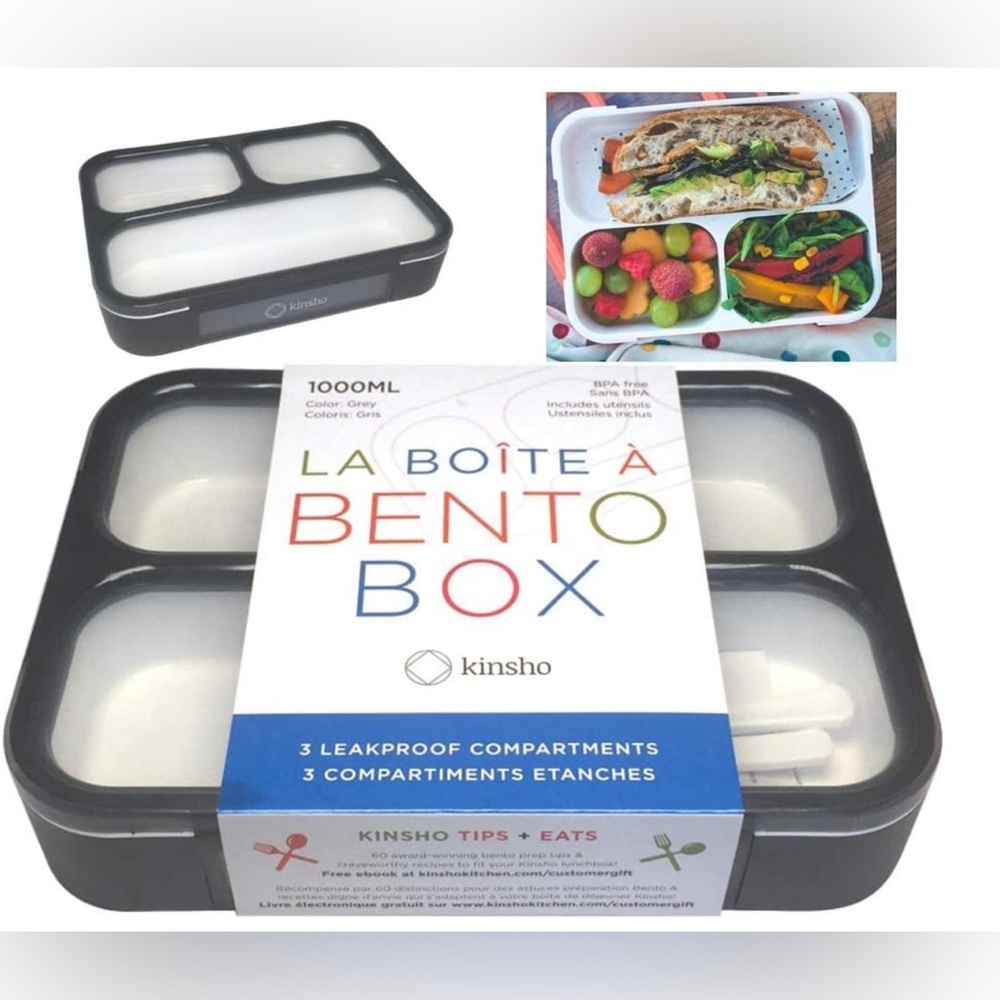 Kinsho Grey Bento Box with Utensils Lunchbox